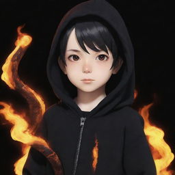 Anime little boy dressed in a black hoodie with a fire-formed snake wrapped around his neck.