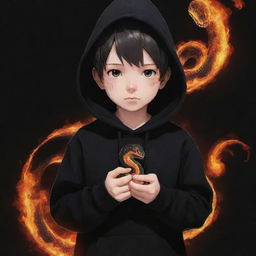 Anime little boy clad in a black hoodie holding a snake made of fire.