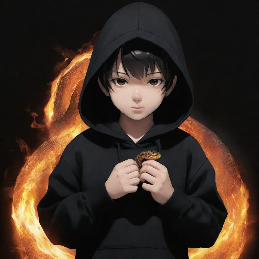 Anime little boy clad in a black hoodie holding a snake made of fire.