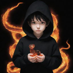 Anime little boy clad in a black hoodie holding a snake made of fire.