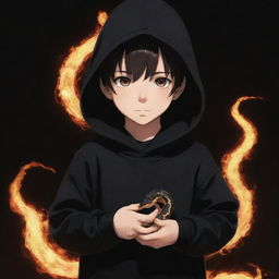 Anime little boy clad in a black hoodie holding a snake made of fire.