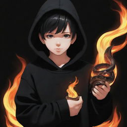 Anime little boy wearing a black hoodie and holding a snake made of flames.