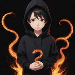 Anime little boy wearing a black hoodie and holding a snake made of flames.