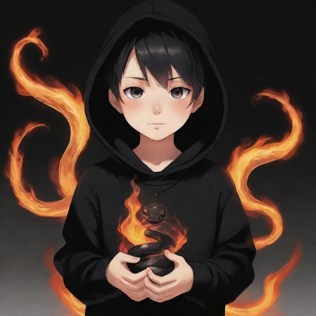 Anime little boy wearing a black hoodie and holding a snake made of flames.