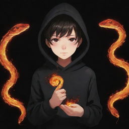 Anime little boy wearing a black hoodie and holding a snake made of flames.