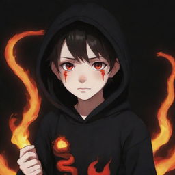 Anime little boy with red eyes, wearing a black hoodie and holding a snake made of flames.