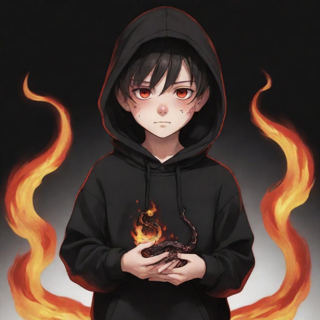 Anime little boy with red eyes, wearing a black hoodie and holding a snake made of flames.