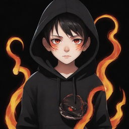 Anime little boy with red eyes, wearing a black hoodie and holding a snake made of flames.