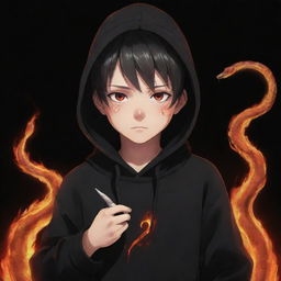 Anime little boy with red eyes, wearing a black hoodie and holding a snake made of flames.