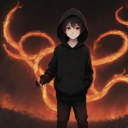 Anime little boy with red eyes, dressed in a black hoodie, holding a snake made of flames, standing in a fiery field.