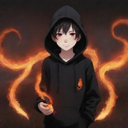 Anime little boy with red eyes, dressed in a black hoodie, holding a snake made of flames, standing in a fiery field.