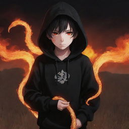 Anime little boy with red eyes, dressed in a black hoodie, holding a snake made of flames, standing in a fiery field.