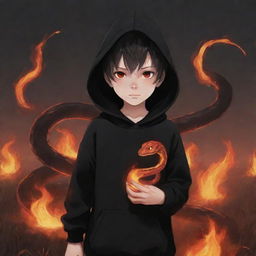 Anime little boy with red eyes, dressed in a black hoodie, holding a snake made of flames, standing in a fiery field.