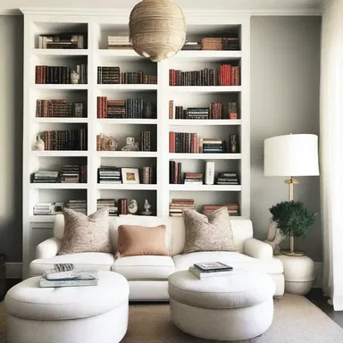 The interior designer added a touch of sophistication to the room by placing a stack of visually appealing fake books on the bookshelf.