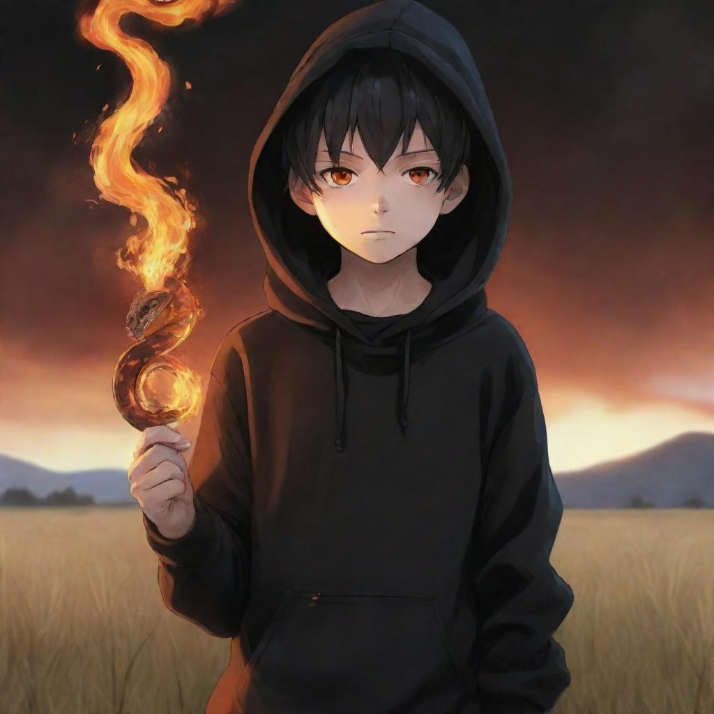 Anime little boy with fiery eyes, dressed in a black hoodie, holding a snake made of flames, standing in a field filled with fire.