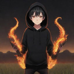 Anime little boy with fiery eyes, dressed in a black hoodie, holding a snake made of flames, standing in a field filled with fire.