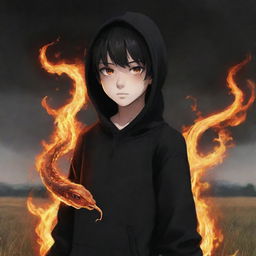 Anime little boy with fiery eyes, dressed in a black hoodie, holding a snake made of flames, standing in a field filled with fire.