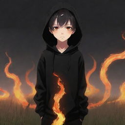 Anime little boy with fiery eyes, dressed in a black hoodie, holding a snake made of flames, standing in a field filled with fire.