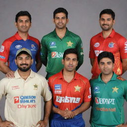 Pakistani cricket players wearing various Indian Premier League (IPL) team jerseys.