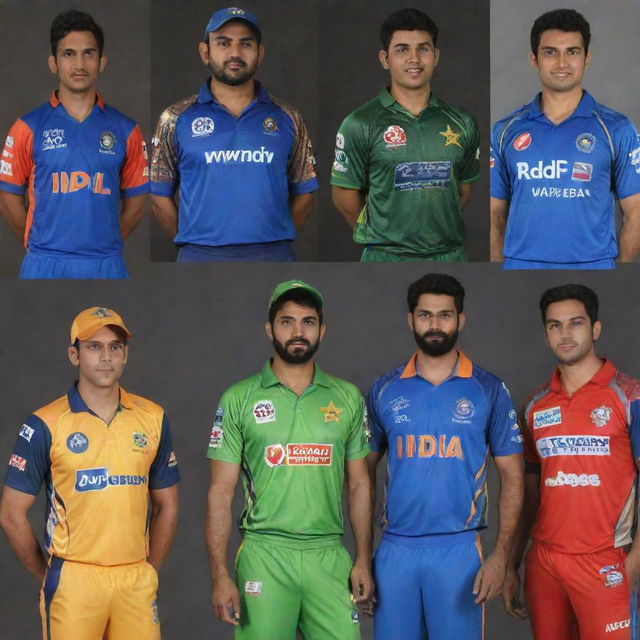 Pakistani cricket players wearing various Indian Premier League (IPL) team jerseys.