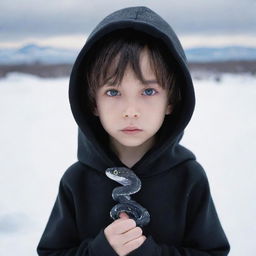 Anime little boy with cool eyes wearing a black hoodie, holding a snake made of ice in a snow-covered field.