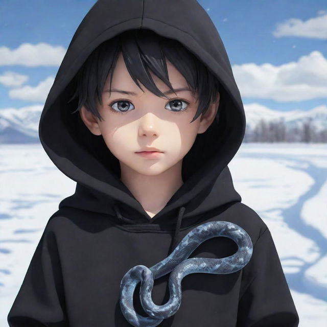 Anime little boy with cool eyes wearing a black hoodie, holding a snake made of ice in a snow-covered field.