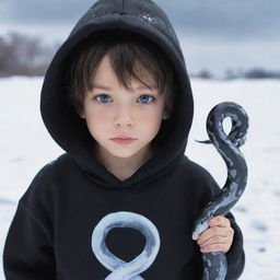 Anime little boy with cool eyes wearing a black hoodie, holding a snake made of ice in a snow-covered field.