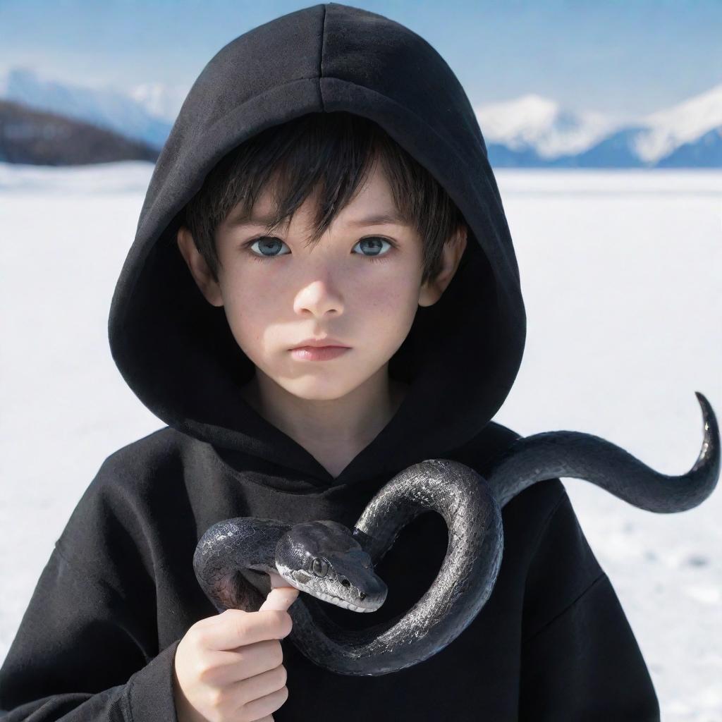 Anime little boy with cool eyes wearing a black hoodie, holding a snake made of ice in a snow-covered field.