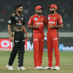 Babar Azam wearing an RCB cricket jersey playing a friendly game with Virat Kohli, both displaying sportsmanship and camaraderie.