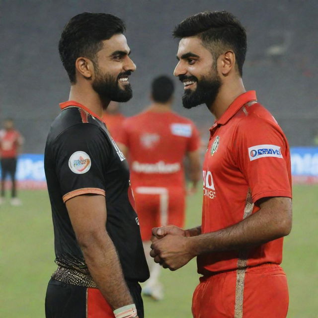 Babar Azam wearing an RCB cricket jersey playing a friendly game with Virat Kohli, both displaying sportsmanship and camaraderie.