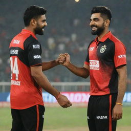 Babar Azam wearing an RCB cricket jersey playing a friendly game with Virat Kohli, both displaying sportsmanship and camaraderie.