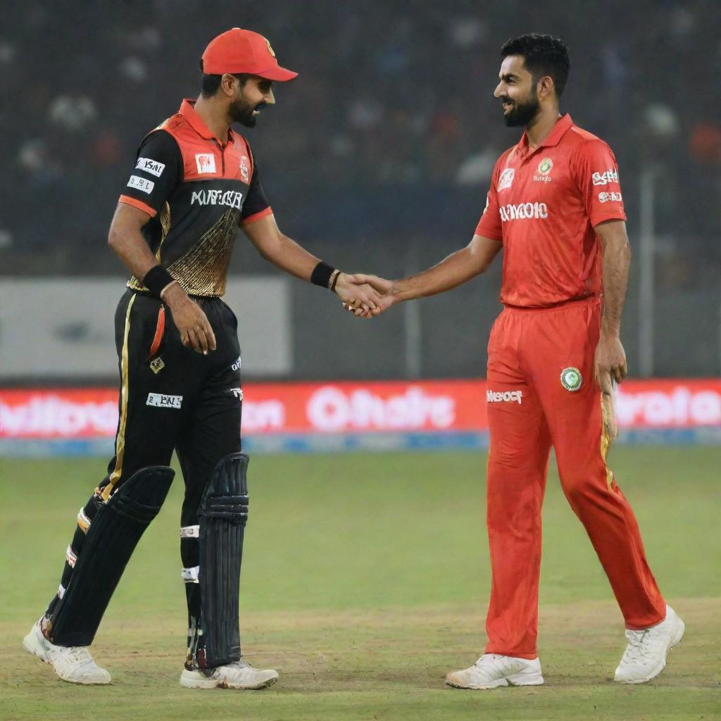 Babar Azam wearing an RCB cricket jersey playing a friendly game with Virat Kohli, both displaying sportsmanship and camaraderie.