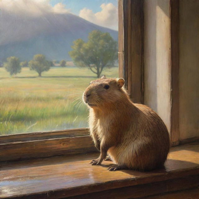 A renaissance-style painting featuring a serene capybara sitting near a window, overlooking a rainy meadow, illuminated by some rays of sunlight.