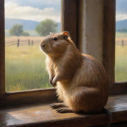 A renaissance-style painting featuring a serene capybara sitting near a window, overlooking a rainy meadow, illuminated by some rays of sunlight.