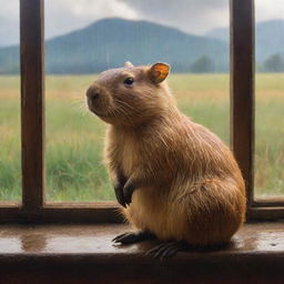 A renaissance-style painting featuring a serene capybara sitting near a window, overlooking a rainy meadow, illuminated by some rays of sunlight.