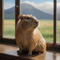 A renaissance-style painting featuring a serene capybara sitting near a window, overlooking a rainy meadow, illuminated by some rays of sunlight.