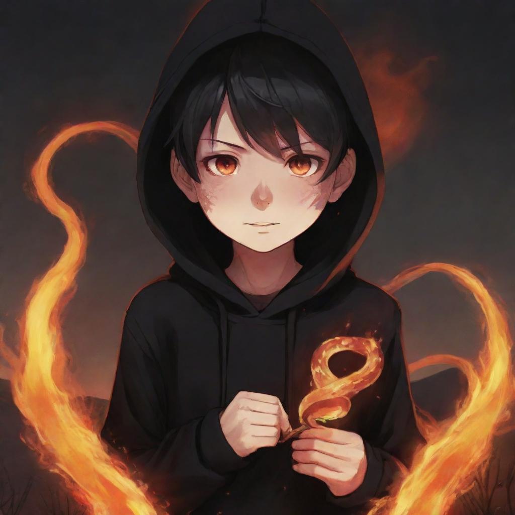 Anime little boy with flame eyes, wearing a black hoodie, holding a snake made of fire in a fiery field.