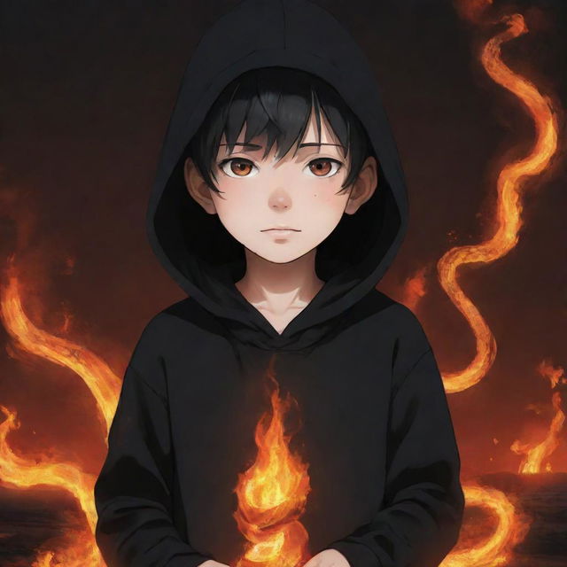 Anime little boy with flame eyes, wearing a black hoodie, holding a snake made of fire in a fiery field.