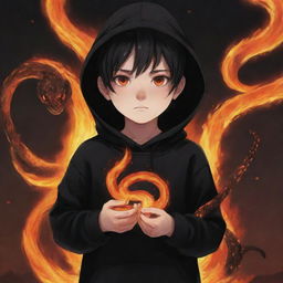 Anime little boy with flame eyes, wearing a black hoodie, holding a snake made of fire in a fiery field.