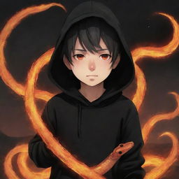 Anime little boy with flame eyes, wearing a black hoodie, holding a snake made of fire in a fiery field.