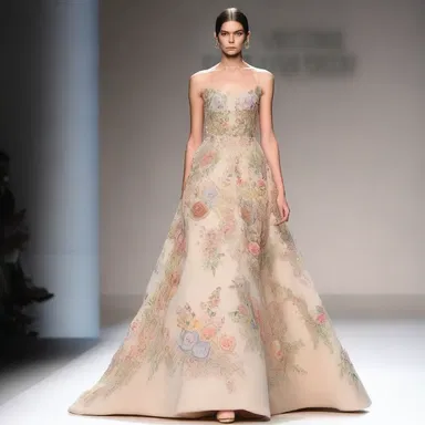 She walked down the runway daintily, showcasing the fine embroidery of the designer's dress.