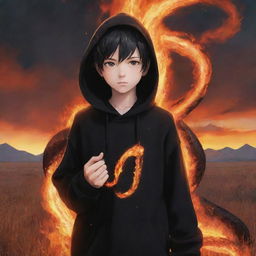 Anime little boy with eyes radiant like flames, clad in a black hoodie, holding a snake made of fire, standing in a fiery field.