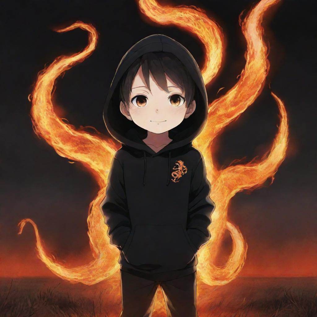 Anime little boy with eyes radiant like flames, clad in a black hoodie, holding a snake made of fire, standing in a fiery field.