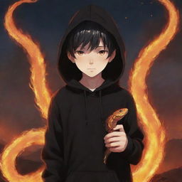 Anime little boy with eyes radiant like flames, clad in a black hoodie, holding a snake made of fire, standing in a fiery field.