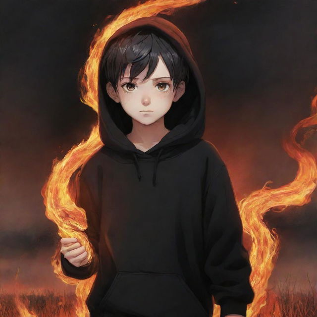 Anime little boy with eyes radiant like flames, clad in a black hoodie, holding a snake made of fire, standing in a fiery field.