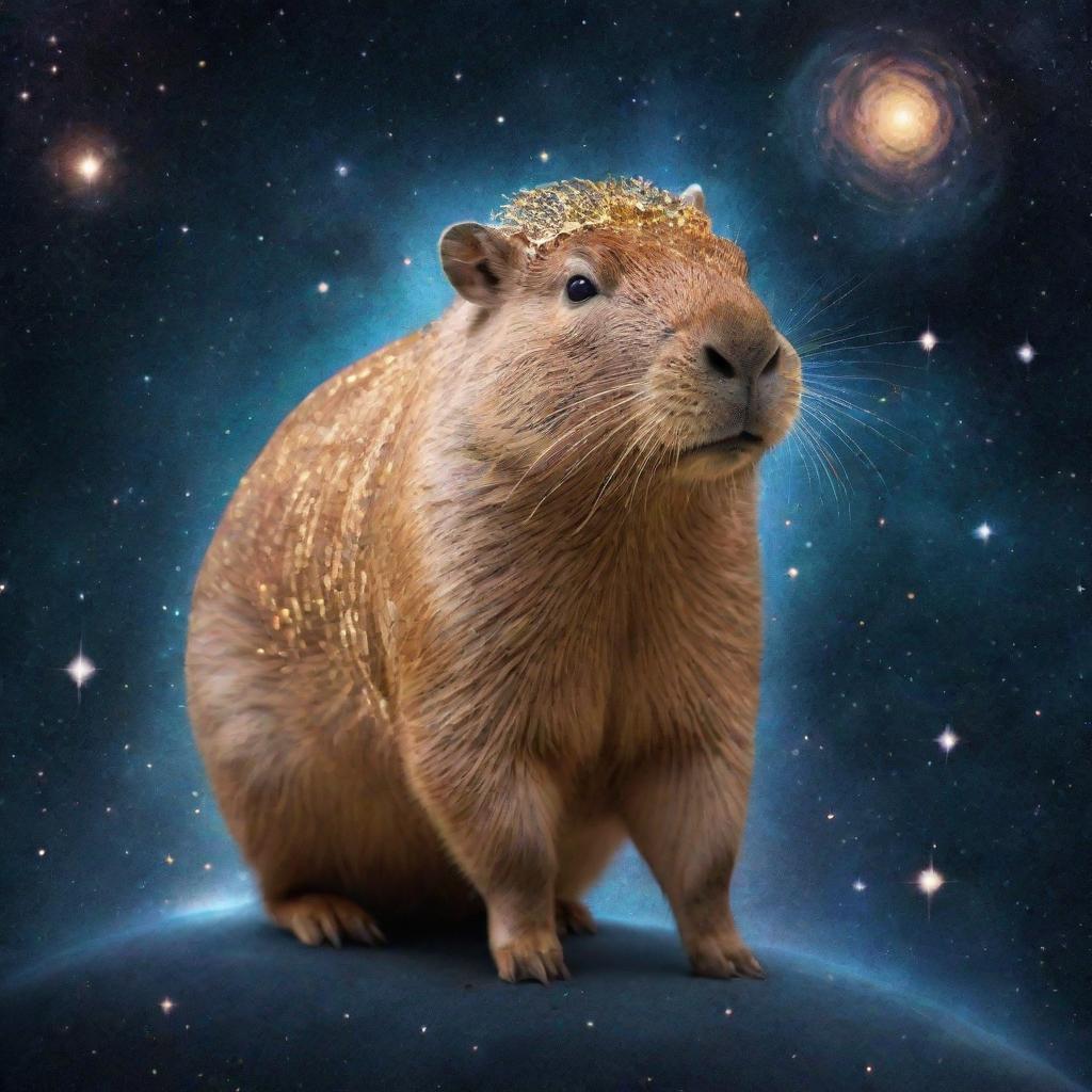 A cosmic deity that embodies capybaras, located amidst the stars with capybara features and celestial aura around it.