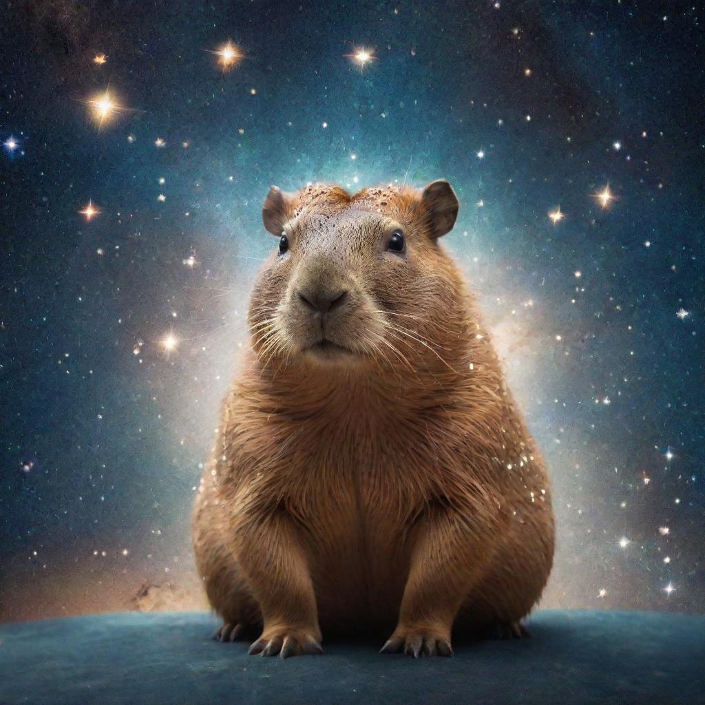 A cosmic deity that embodies capybaras, located amidst the stars with capybara features and celestial aura around it.