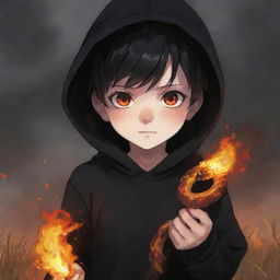 Anime little boy with fiery eyes, clad in a black hoodie, holding a snake made of fire in a field ablaze.