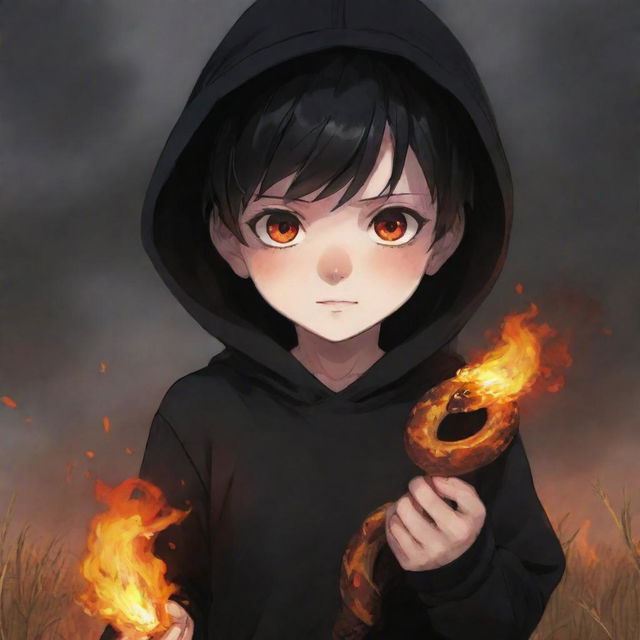 Anime little boy with fiery eyes, clad in a black hoodie, holding a snake made of fire in a field ablaze.