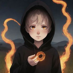 Anime little boy with fiery eyes, clad in a black hoodie, holding a snake made of fire in a field ablaze.